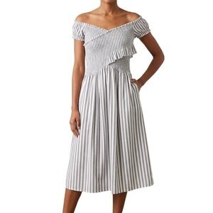Beachsissi Women's Size XL Smocked Grey Stripe Summer Beach Casual Midi Dress